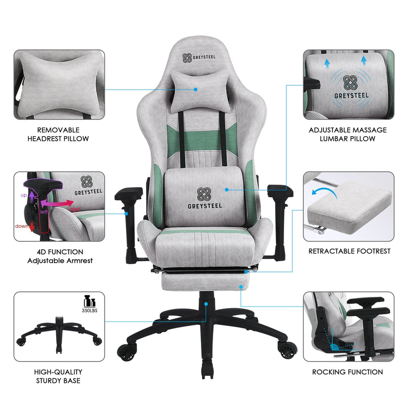Grey-Green Greysteel-Breathe Massage Gaming Chair (Grey-Green)